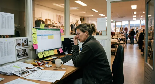 Medewerker achter bureau met stapels papierwerk